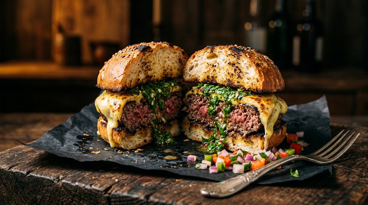 Argentine burger with chimichurri and salsa criolla on a rustic bun over a wooden board