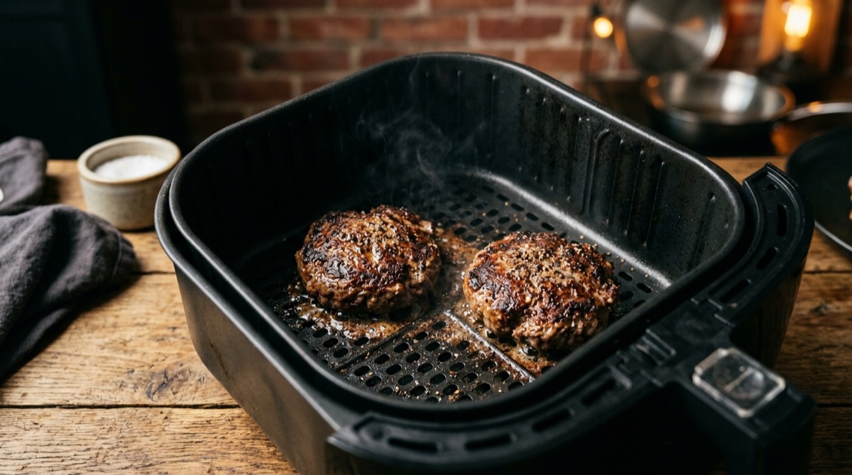 Dos medallones de carne dorándose dentro de la cesta negra de una freidora de aire