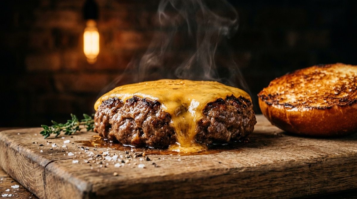 Primer plano de un medallón de carne recién hecho en airfryer con queso cheddar fundido y humeante