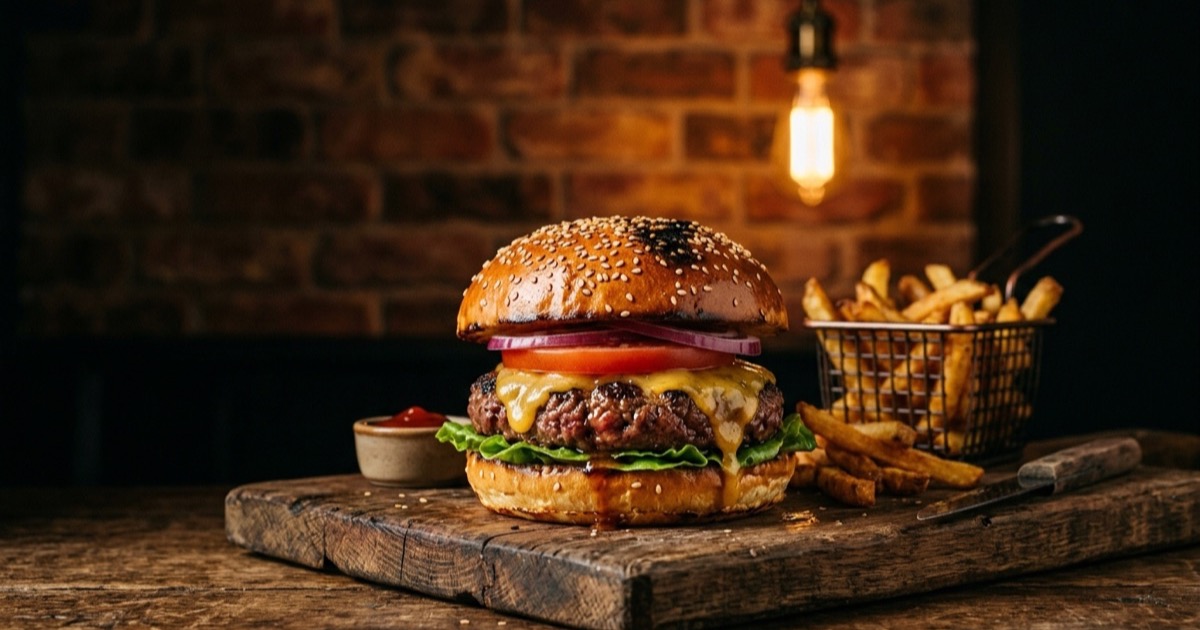 Hamburguesa jugosa con queso cheddar fundido y papas hecha en freidora de aire sobre tabla de madera