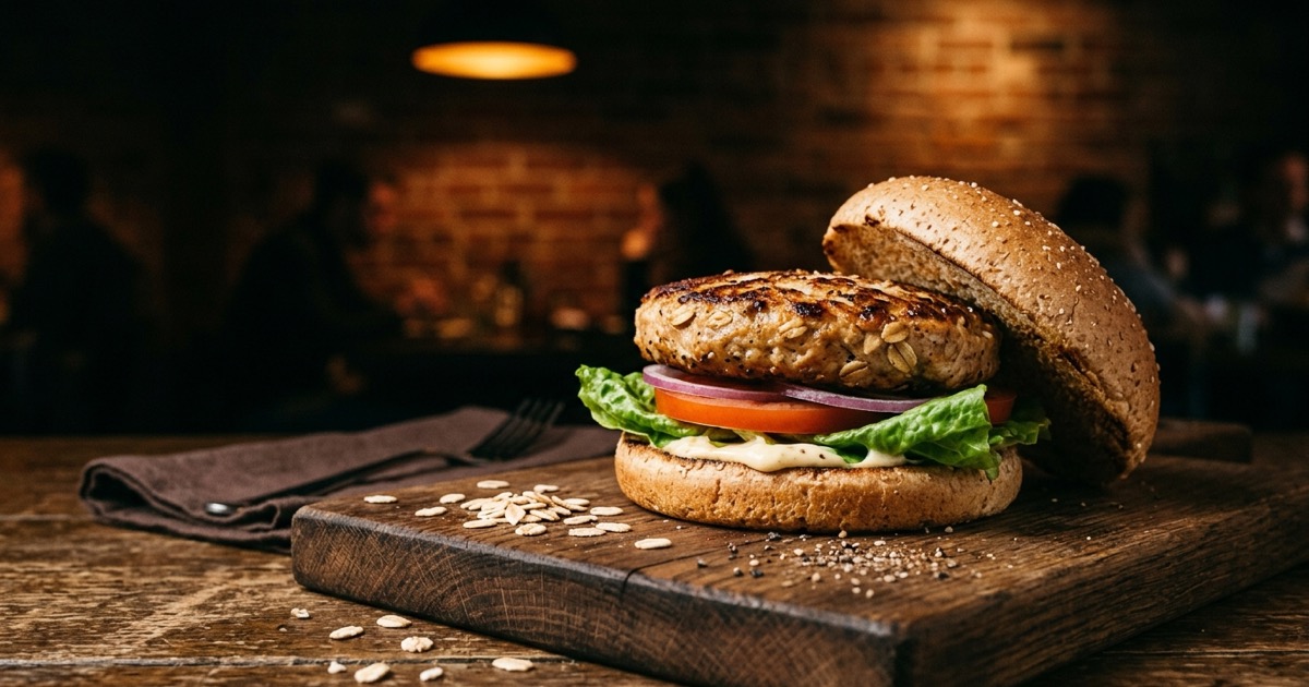 Homemade chicken and oat burger on a wooden board with rolled oats