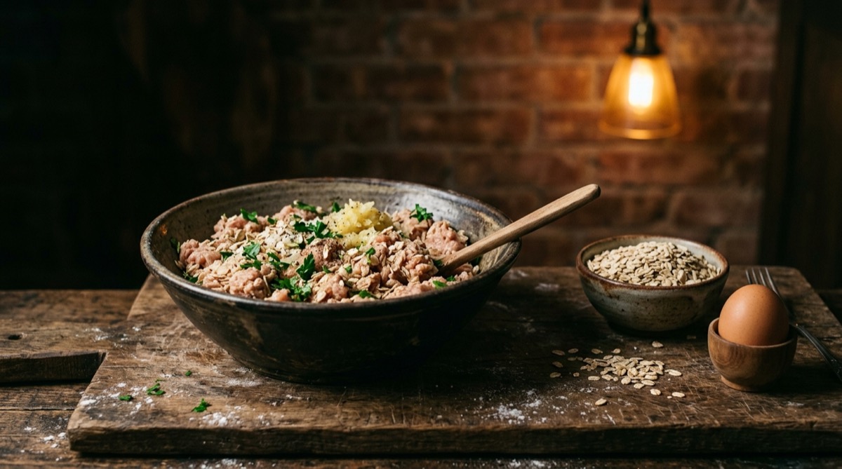 Bowl of ground chicken and oats for shaping the burgers