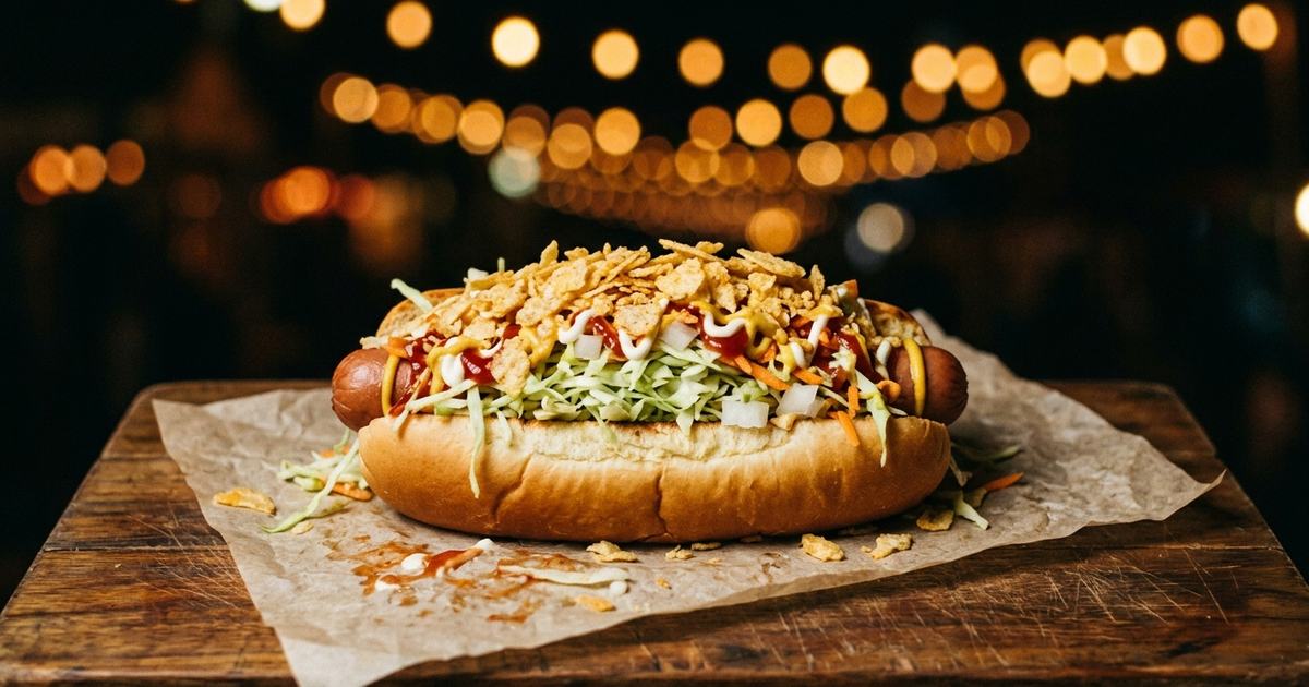 Dominican hot dog with cabbage, crushed potato chips and a zigzag of ketchup, mayo and mustard