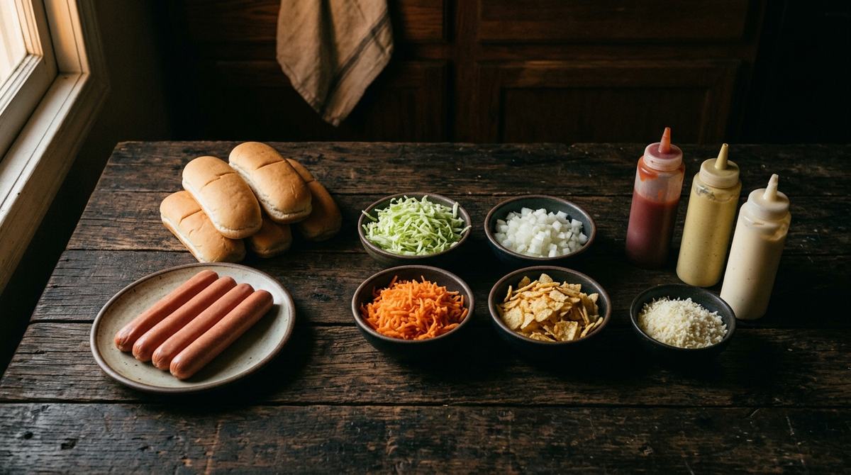 Ingredientes del hot dog dominicano: panes, salchichas, repollo, cebolla, zanahoria, papitas y salsas