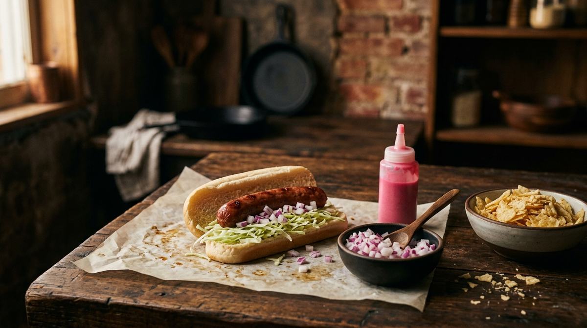 Montaje de hot dog dominicano con repollo, cebolla y zigzag de salsas en estación callejera