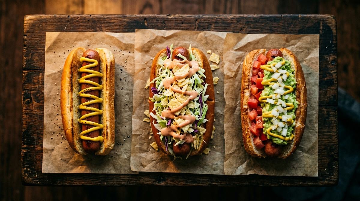 Three hot dogs of different styles: classic American, Latin American with cabbage and potato sticks, and completo with avocado