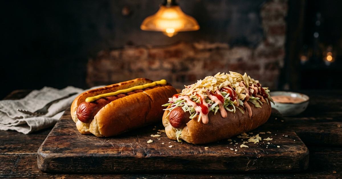 Classic American hot dog and loaded Latin-style hot dog side by side on a wooden board
