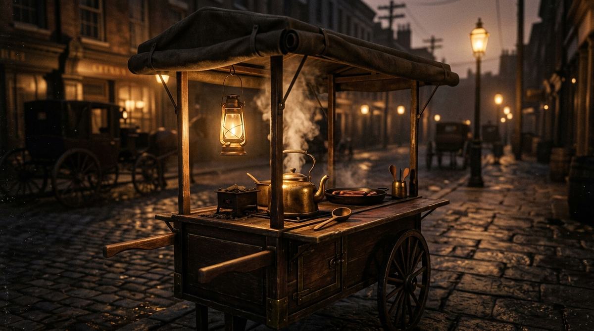 Vintage street cart selling sausages at sunset with steam and warm light