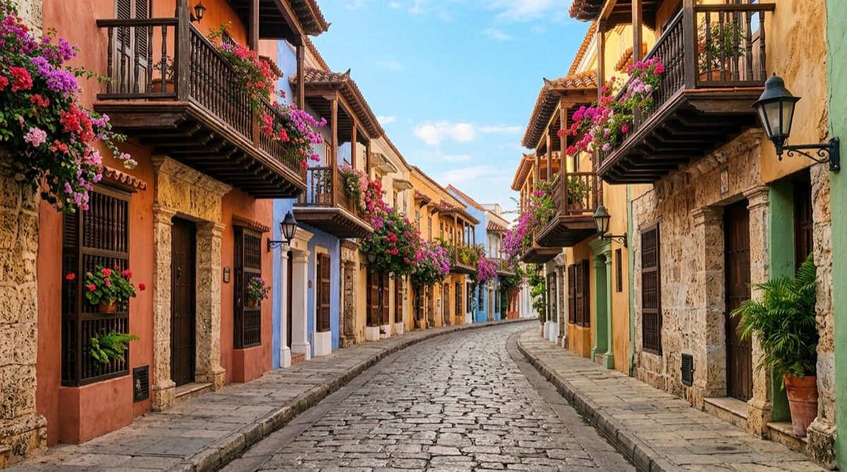 Calle colonial empedrada con edificios de piedra y balcones de madera con buganvilias en la Ciudad Colonial
