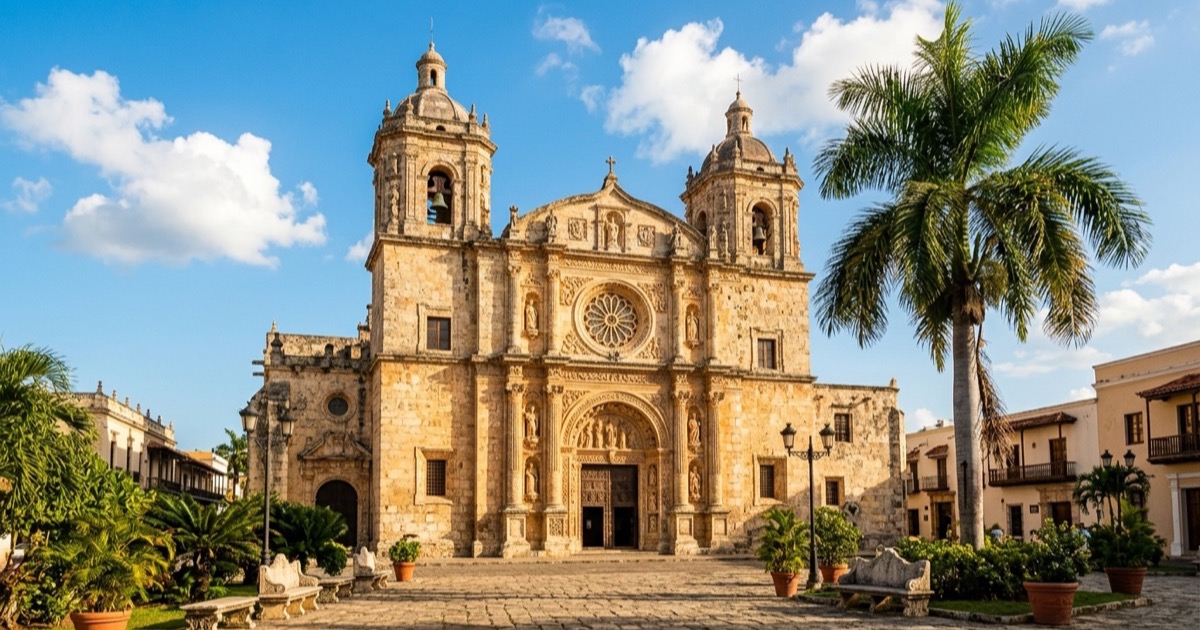 Fachada de piedra coralina de una catedral colonial del siglo XVI bajo cielo azul caribeño