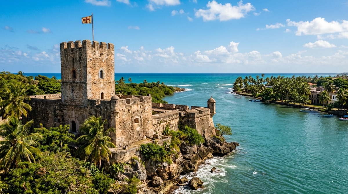 Fortaleza colonial de piedra del siglo XVI con torre del homenaje sobre el río que desemboca en el Caribe