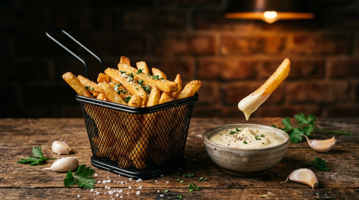 Crispy fries dipping into a bowl of garlic mayo