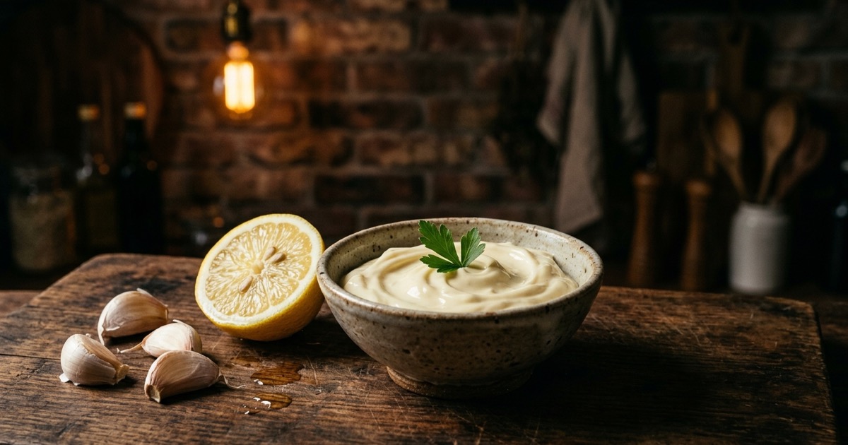 Bowl of creamy garlic mayo with garlic and lemon on a wooden board