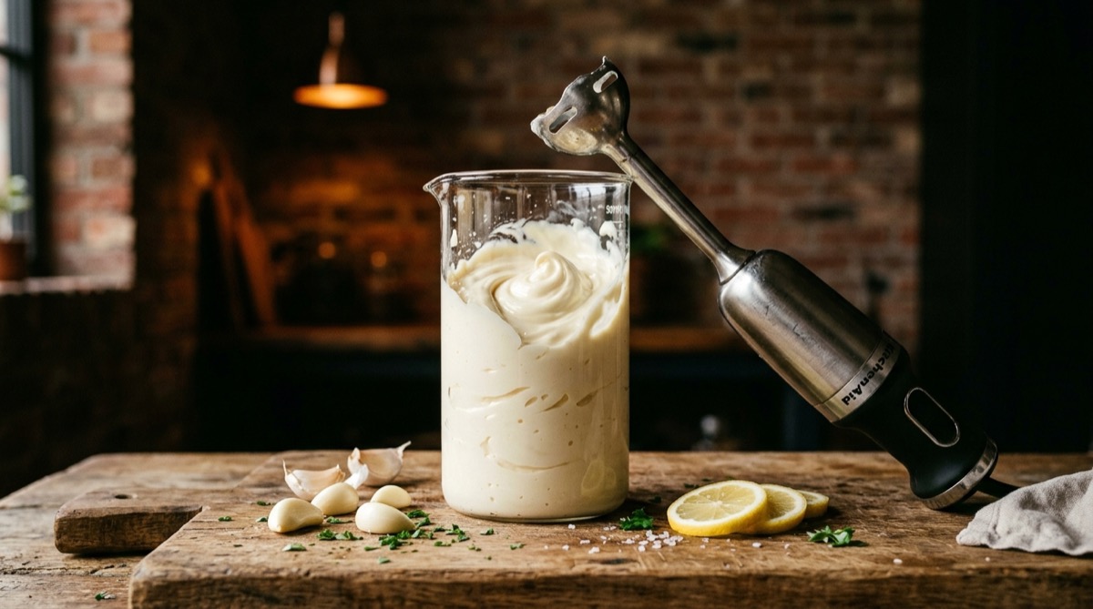Garlic mayo emulsifying in a blender with garlic cloves and lemon