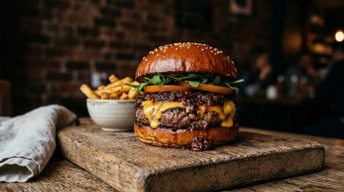 Gourmet burger with bacon jam oozing between the patty and cheese