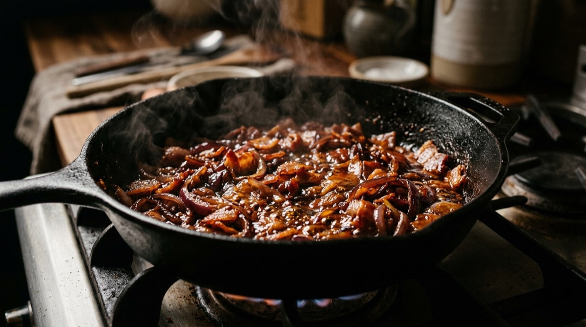 Bacon and red onion caramelizing in a cast-iron skillet
