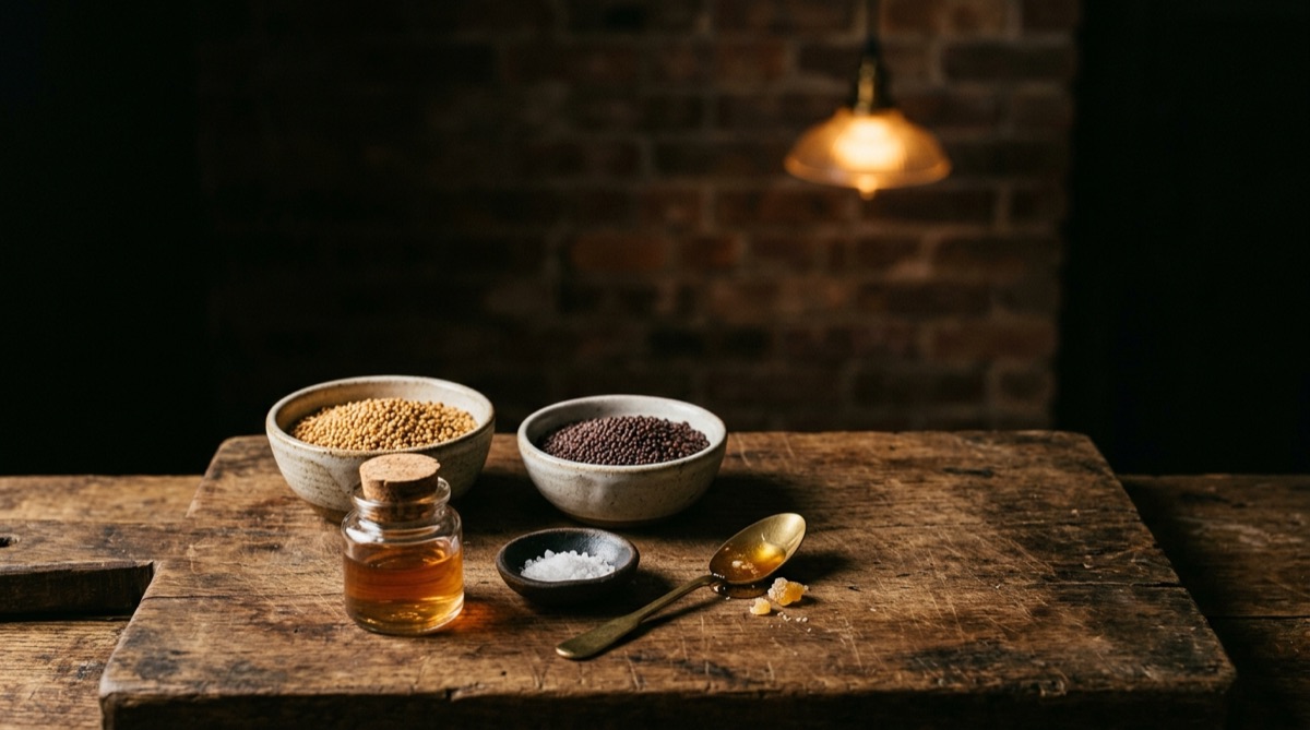 Ingredientes de la mostaza casera: semillas de mostaza amarillas y marrones, vinagre, sal y miel sobre tabla de madera