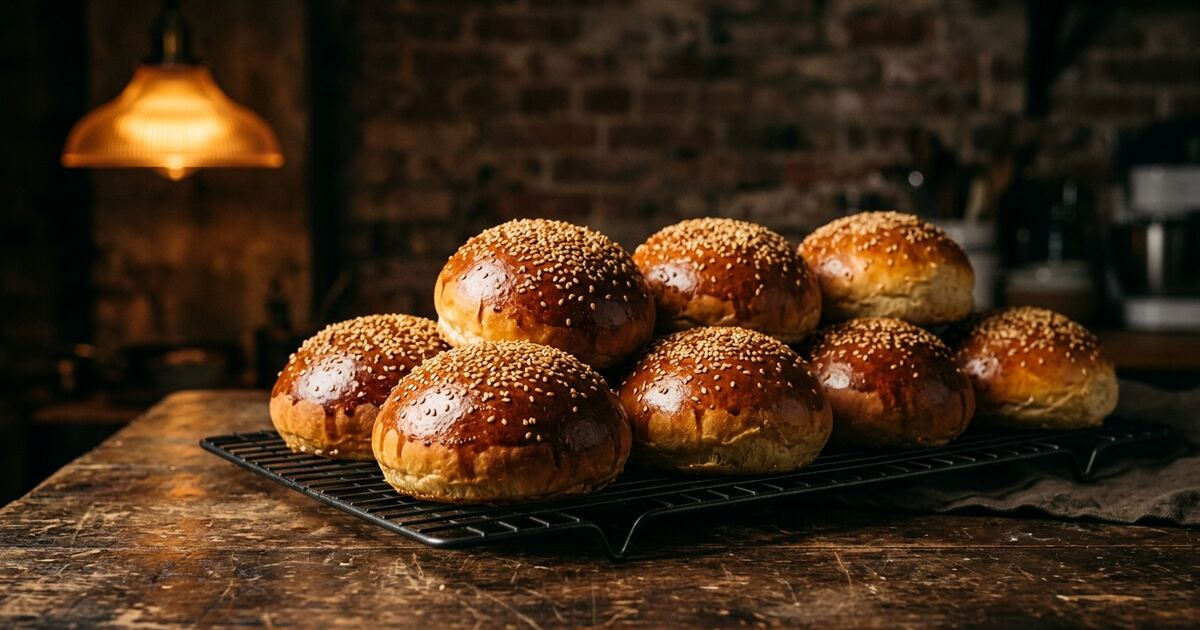 Panes brioche para hamburguesa dorados con ajonjolí sobre una rejilla de enfriado