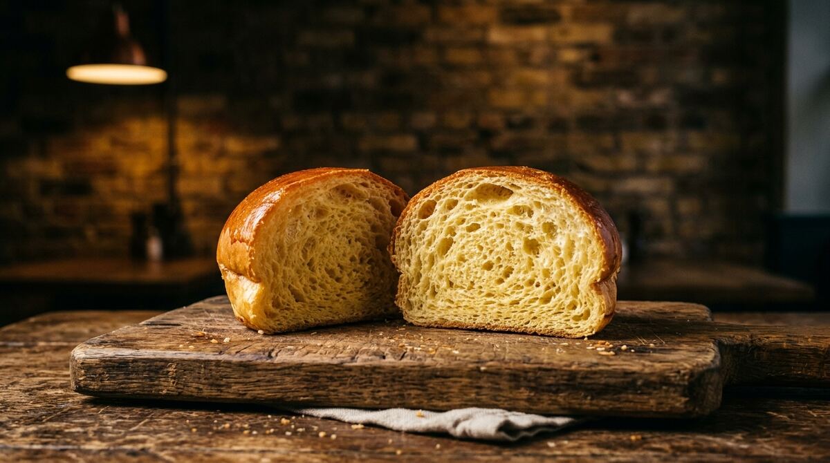 Pan brioche partido por la mitad mostrando la miga suave y esponjosa, listo para montar una hamburguesa