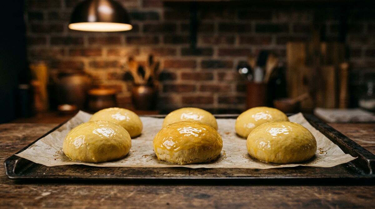 Panes brioche recién pincelados con huevo batido sobre bandeja con papel pergamino, antes de hornear