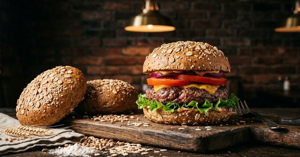 Homemade whole wheat burger buns with seeds on a rustic wooden board