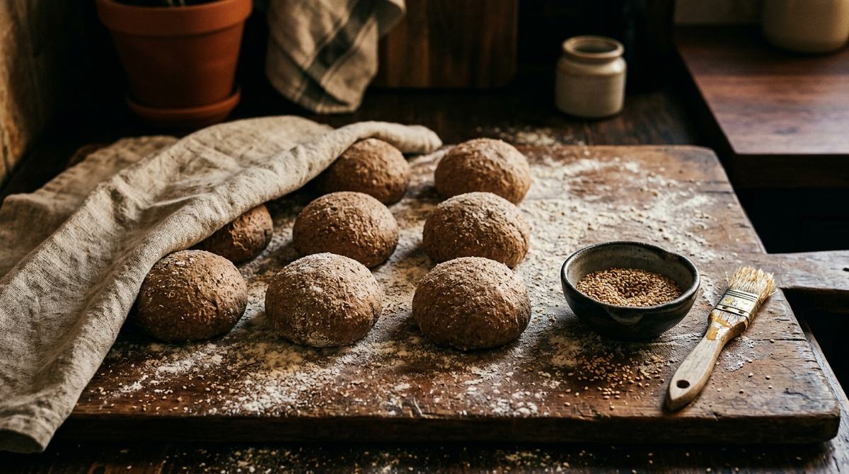 Whole wheat burger bun dough divided into balls during the second proofing