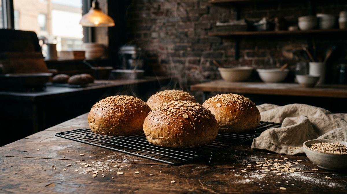 Homemade whole wheat burger buns with sesame seeds cooling on a wire rack