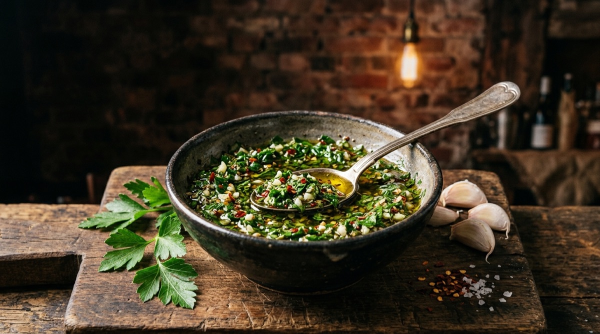 Bol de chimichurri recién hecho con perejil picado, ajo, hojuelas de chile y aceite de oliva