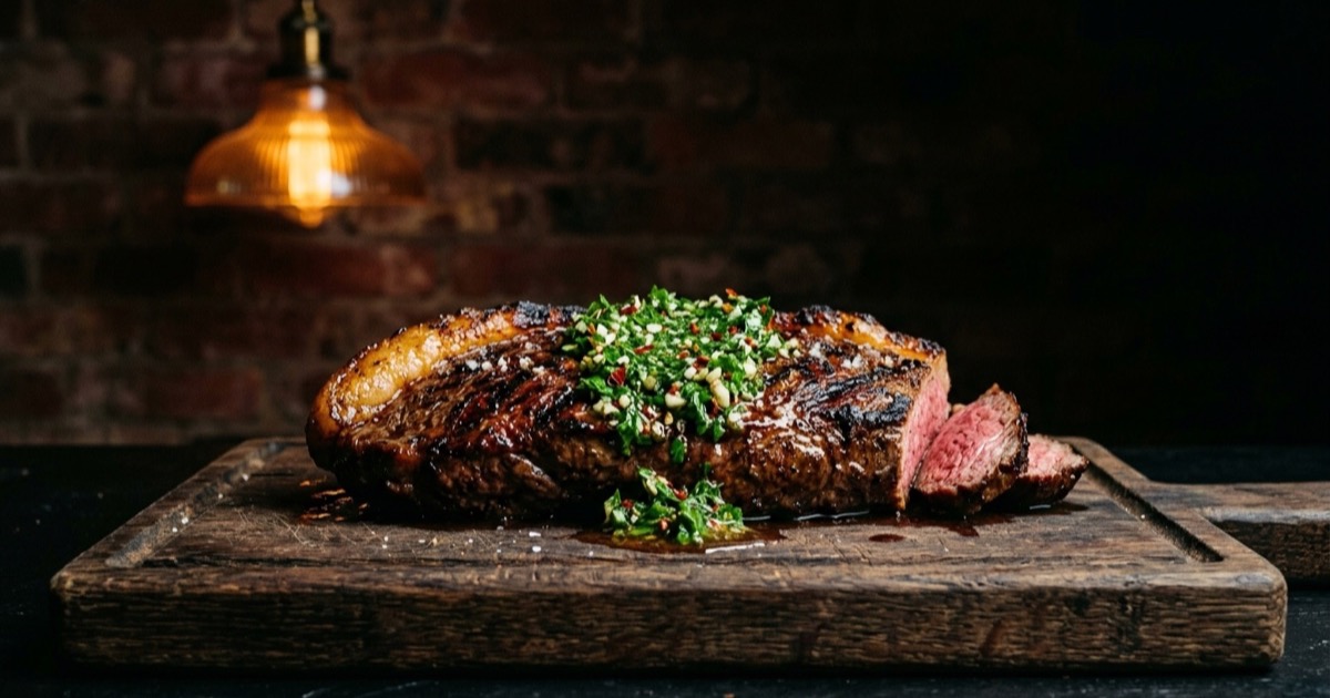 Picaña a la parrilla con costra y capa de grasa coronada con chimichurri verde sobre tabla de madera