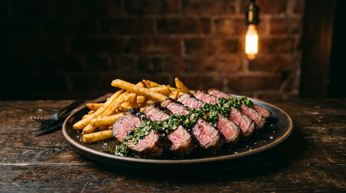Picaña a la parrilla rebanada y emplatada con chimichurri por encima y papas fritas al lado