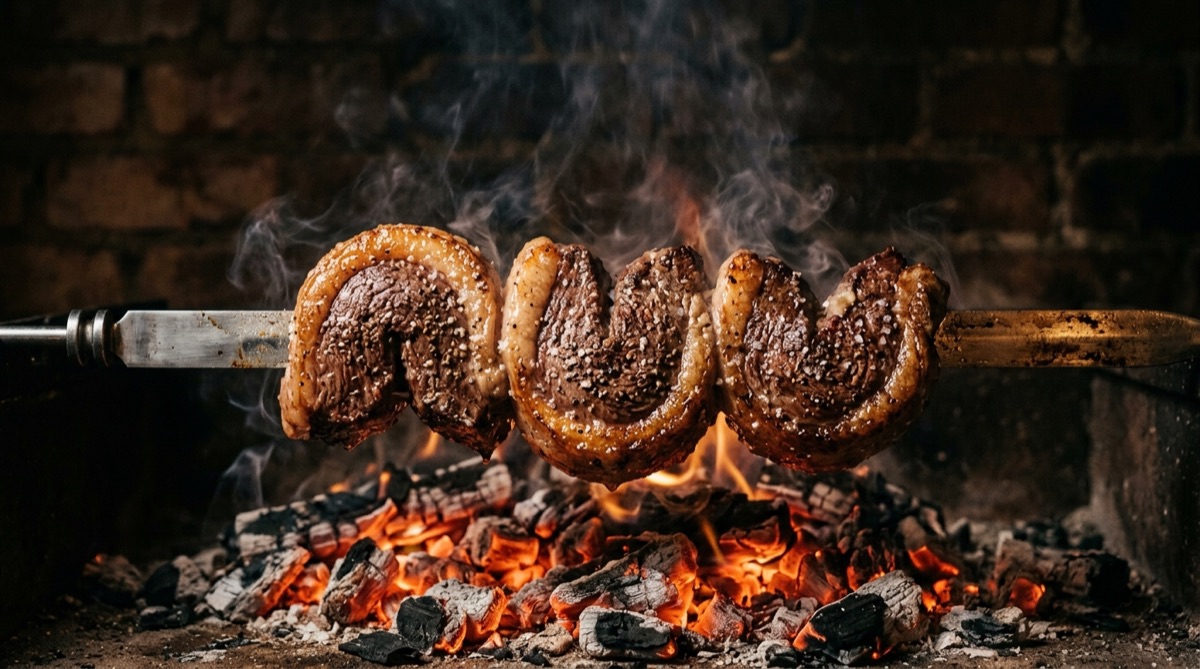 Bifes de picaña en forma de C ensartados en espada de churrasco, dorándose sobre brasas
