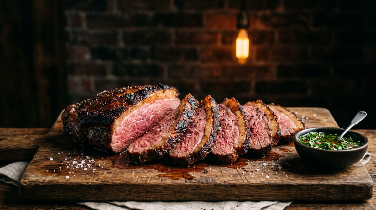 Picaña a la parrilla rebanada mostrando el punto medio rosado y la costra, junto a un bol de chimichurri