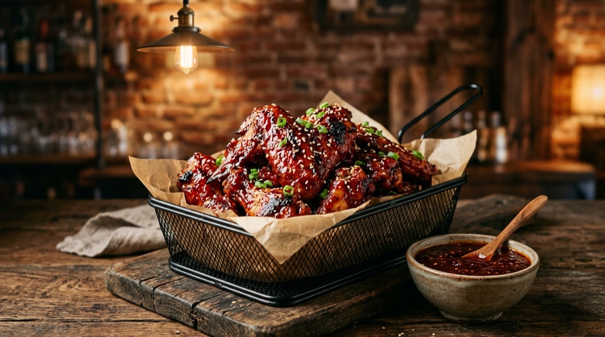 Chicken wings glazed with glossy spicy BBQ sauce
