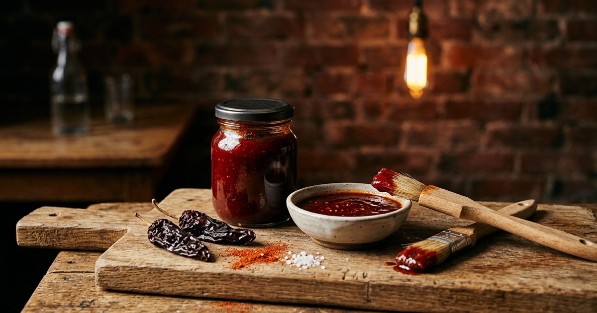 Jar of glossy spicy homemade BBQ sauce on a wooden board