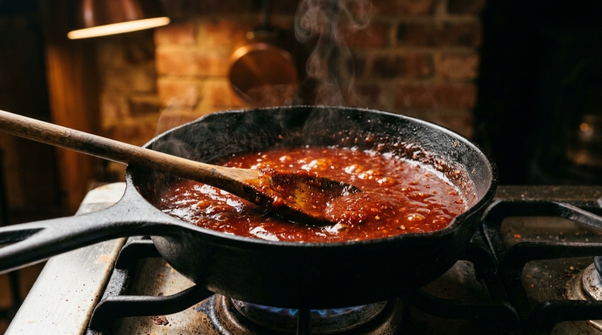 Spicy BBQ sauce simmering in a pot over low heat