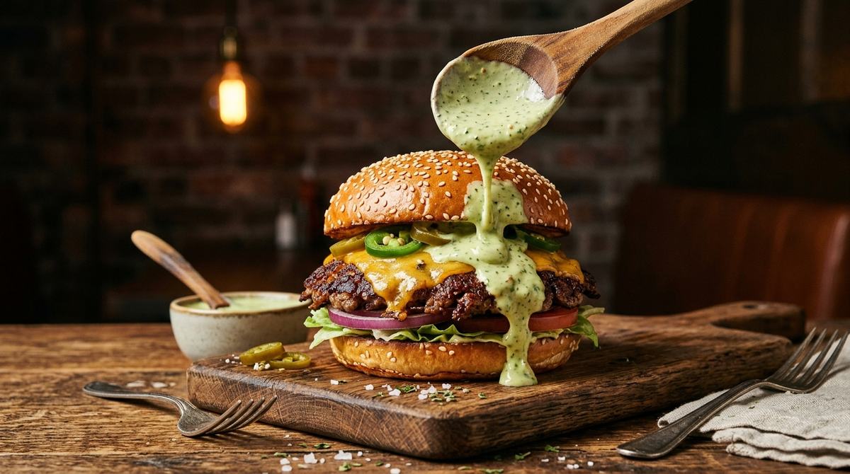 Creamy jalapeño sauce dripping over a smash burger with melted cheddar