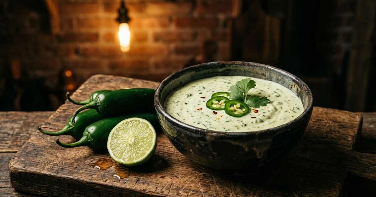 Bowl of creamy jalapeño sauce with cilantro and jalapeño slices on a wooden board