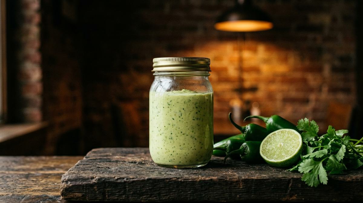 Freshly blended creamy jalapeño sauce with fresh jalapeños, lime and cilantro around it