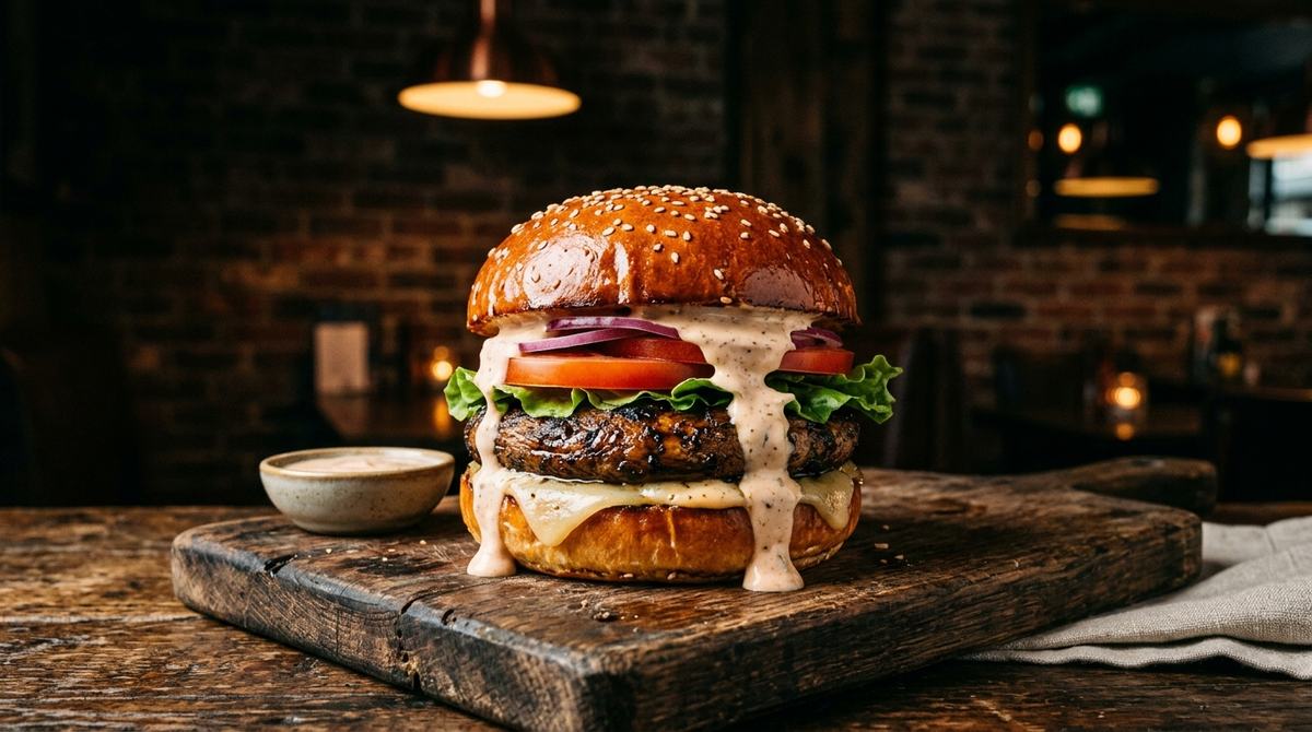 Creamy vegan sauce drizzled over a portobello veggie burger with lettuce and tomato