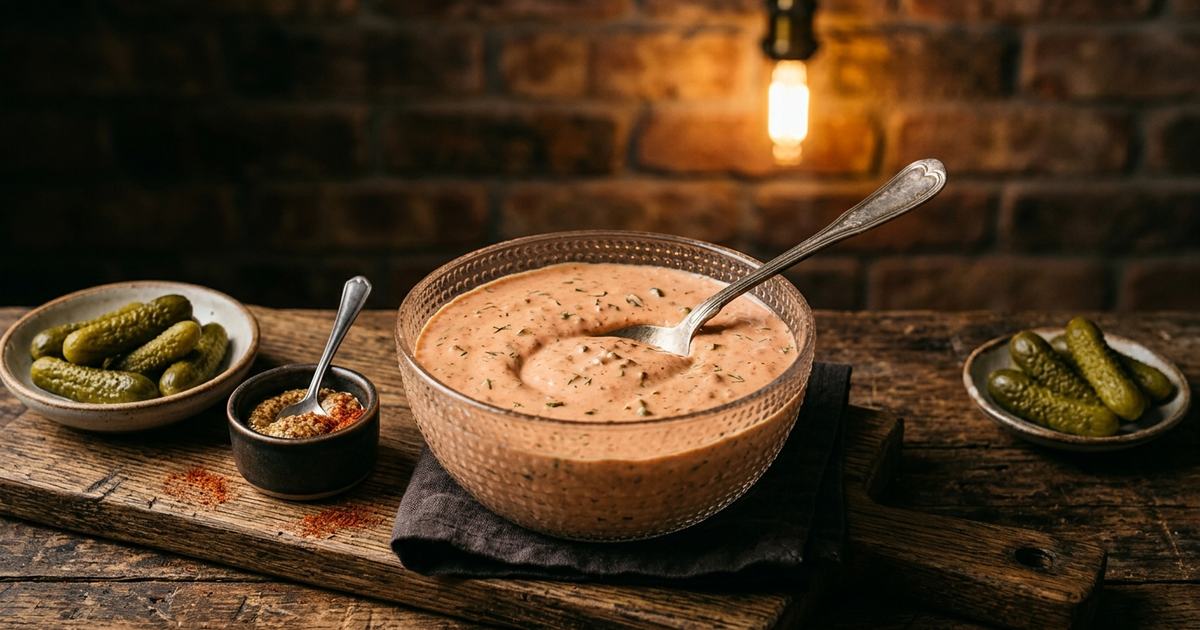Bowl of creamy salmon-colored vegan burger sauce on a rustic wooden board