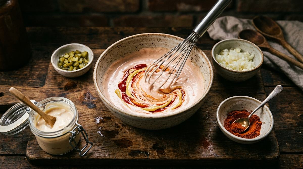 Bowl of freshly mixed creamy vegan burger-style sauce, surrounded by pickles, mustard, and smoked paprika