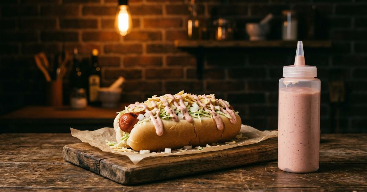 Squeeze bottle drawing a zigzag of Venezuelan tartar sauce over a hot dog