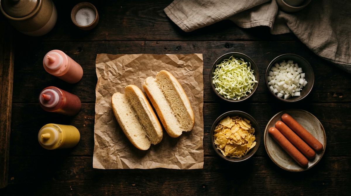 Complete Venezuelan hot dog with cabbage, crushed potato chips, and zigzag of tartar sauce