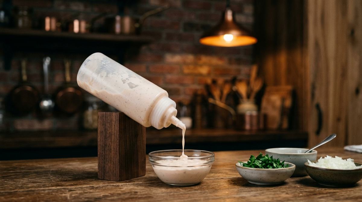 Fluid Venezuelan tartar sauce streaming in threads from a squeeze bottle over a bowl