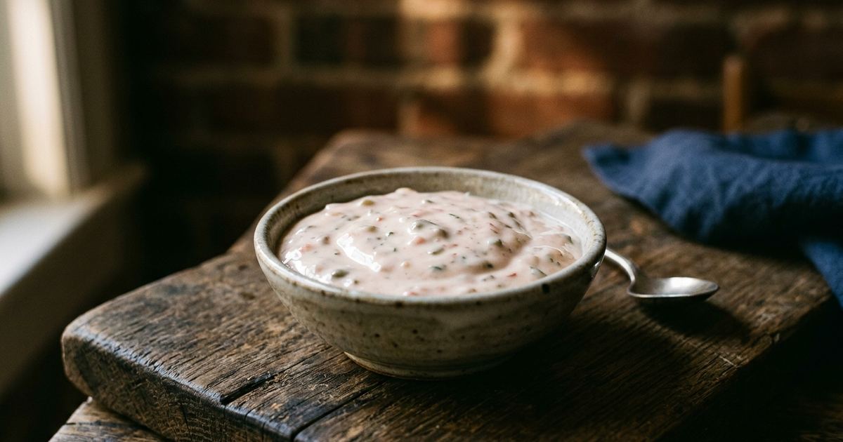 Bowl of creamy Venezuelan tartar sauce on a wooden board