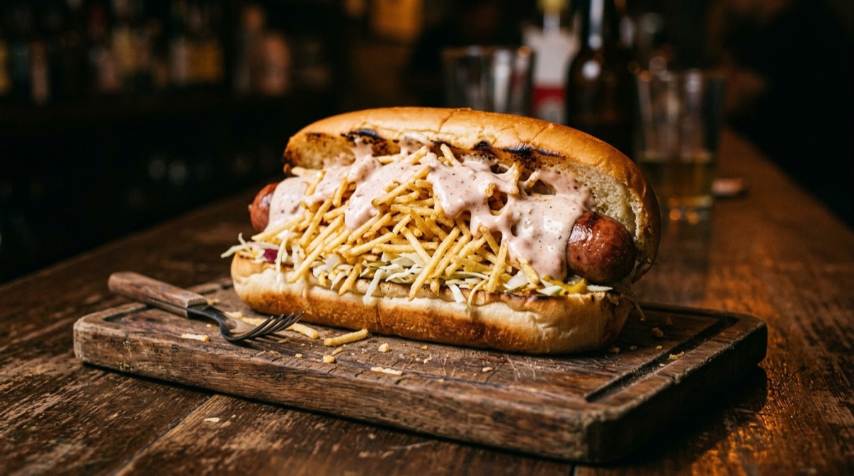 Venezuelan hot dog topped with shoestring potatoes and tartar sauce