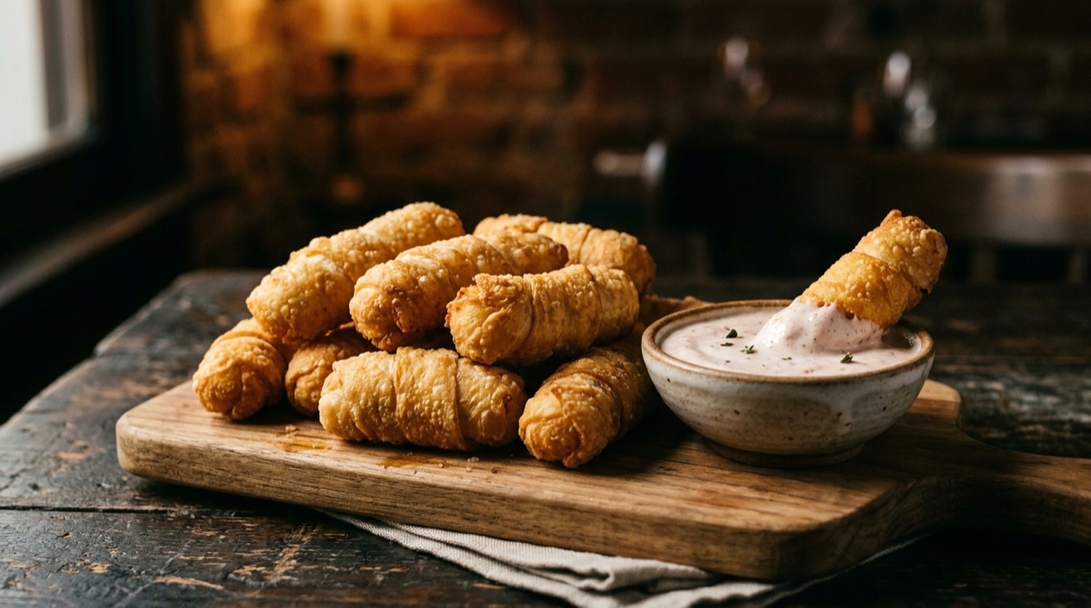 Golden Venezuelan tequeños with a bowl of tartar sauce