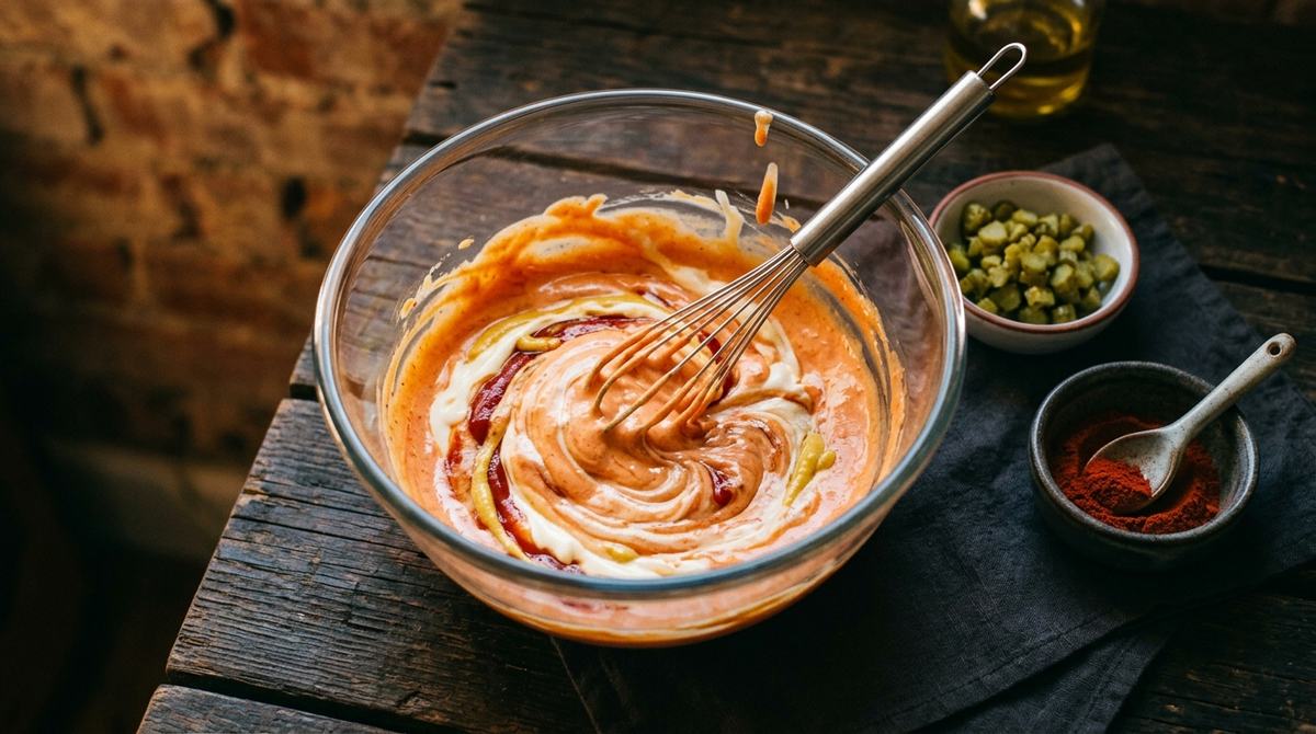 Bowl of creamy coral-colored burger sauce surrounded by ketchup, mayonnaise, and mustard