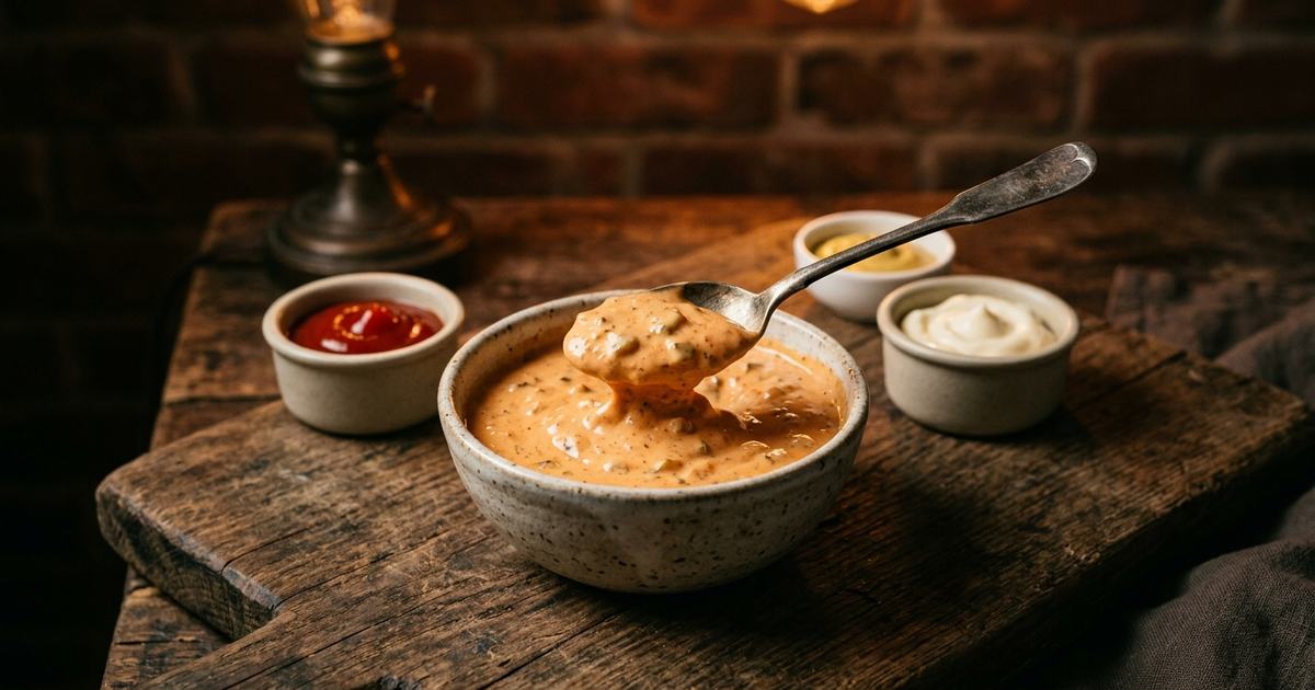 Bowl of coral burger sauce with ketchup, mayo and mustard bottles around it
