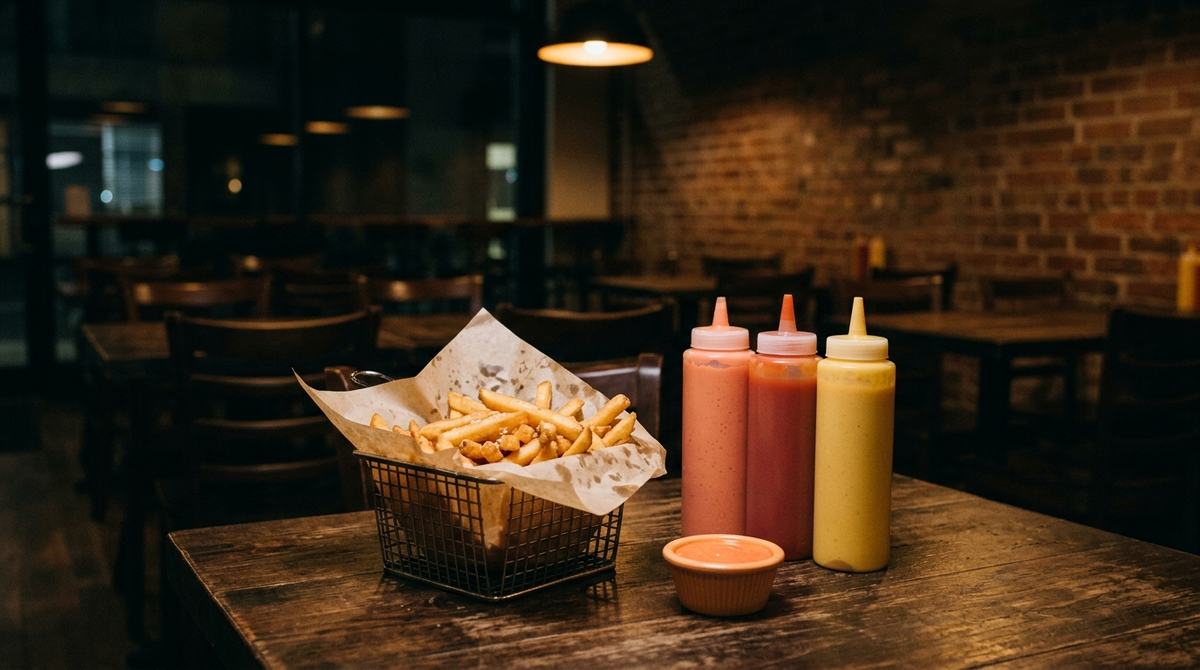 Three squeeze bottles with ketchup, mayonnaise, and mustard next to french fries in a metal basket